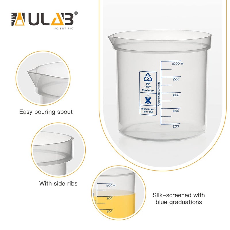ULAB Scientific Stackable Graduated Plastic Beakers, 3pcs of 1000ml(33.8oz), with Easy-to-Read Printings in Blue, UBP1016 - Image 3